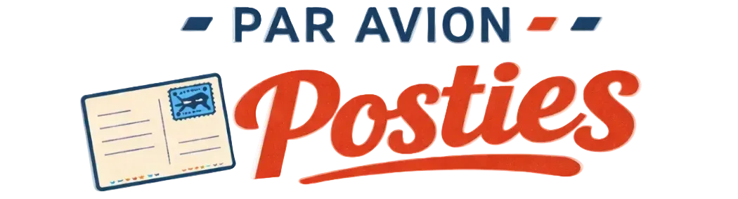 Par Avion Posties logo with a postcard icon on a white background